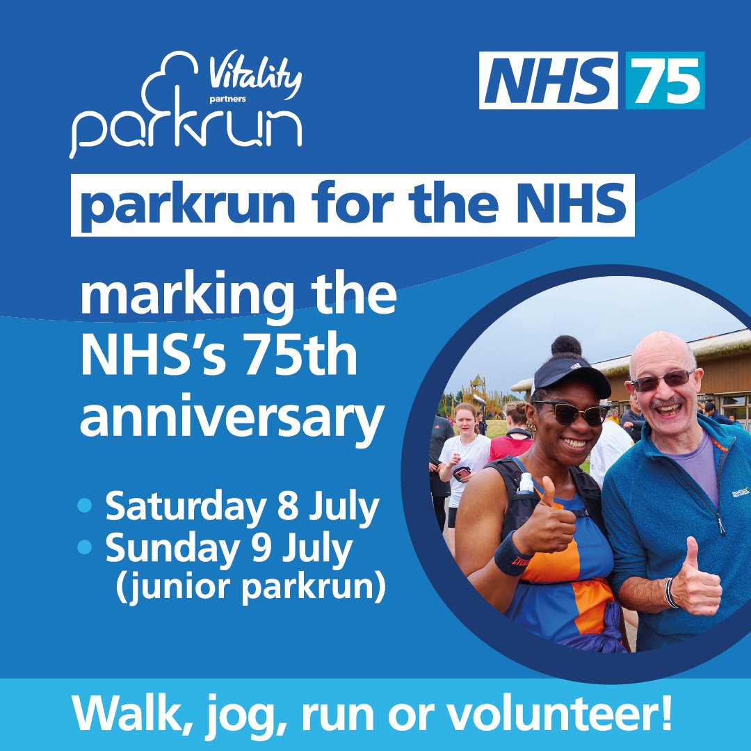 Next month, mark the 75th anniversary of the NHS by attending your local parkrun. Anyone can go along and you can walk, jog, run or volunteer to help out!

Register for your local parkrun now. nhs.uk/parkrun-for-th…