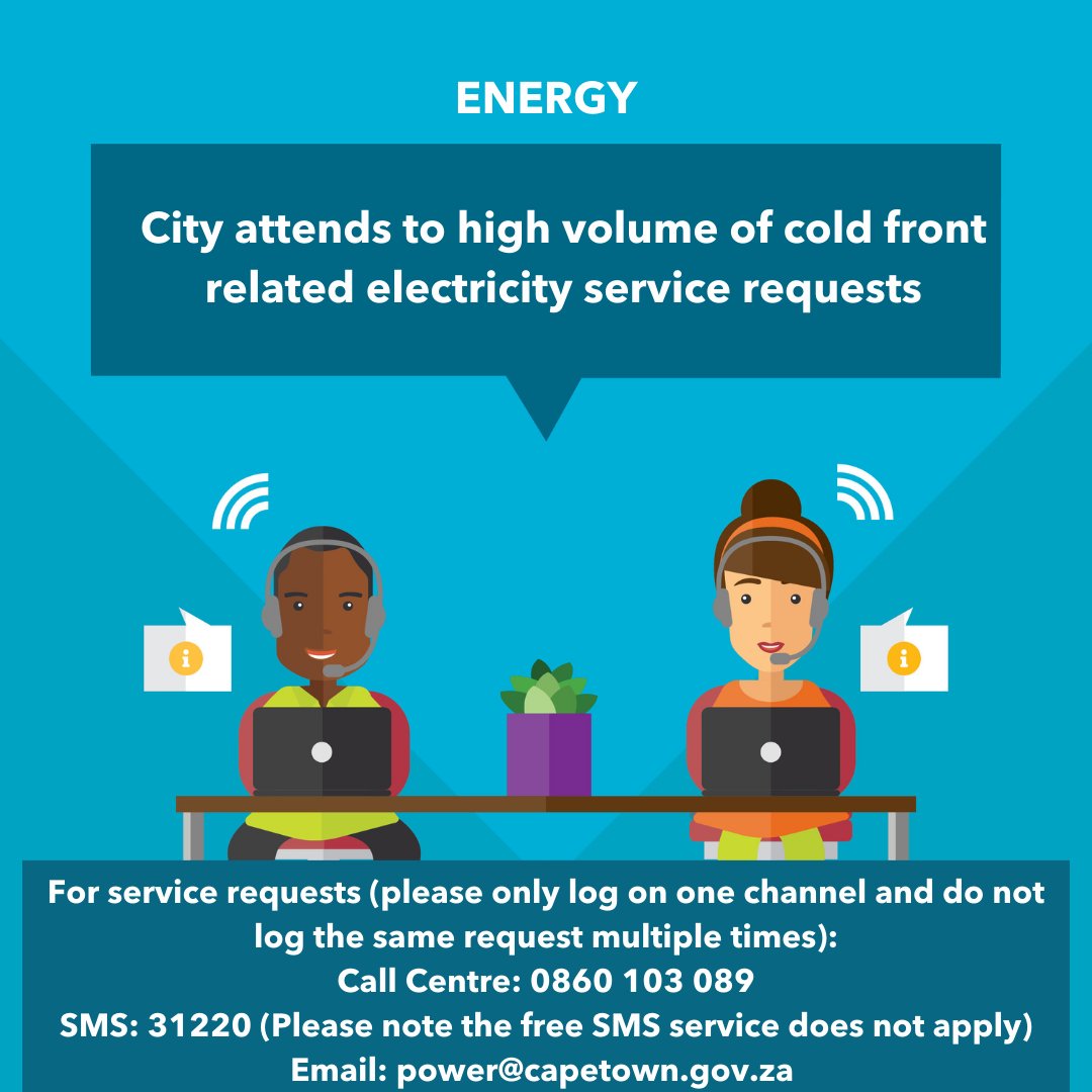 City attends to high volume of cold front related electricity service requests.

The teams are attending to a number of weather and load-shedding-related outages as a matter of urgency and we thank residents for their understanding.

See: bit.ly/3C83b0W

#CTNews