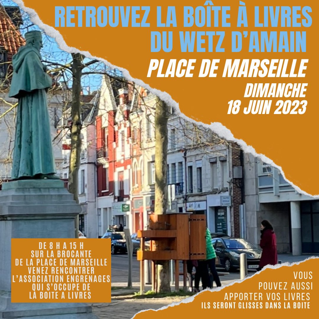 Bonjour à tous ! 🤗
Vous voulez rencontrer ceux qui s’occupent de moi ? 🤔
Et bien c’est bientôt possible ! 🥳 
L’Association Engrenages ⚙️ sera présente le dimanche 18 juin 2023 sur la Brocante de la Place de Marseille à Arras pour échanger avec vous 🤝
#Arras #boîteàlivres