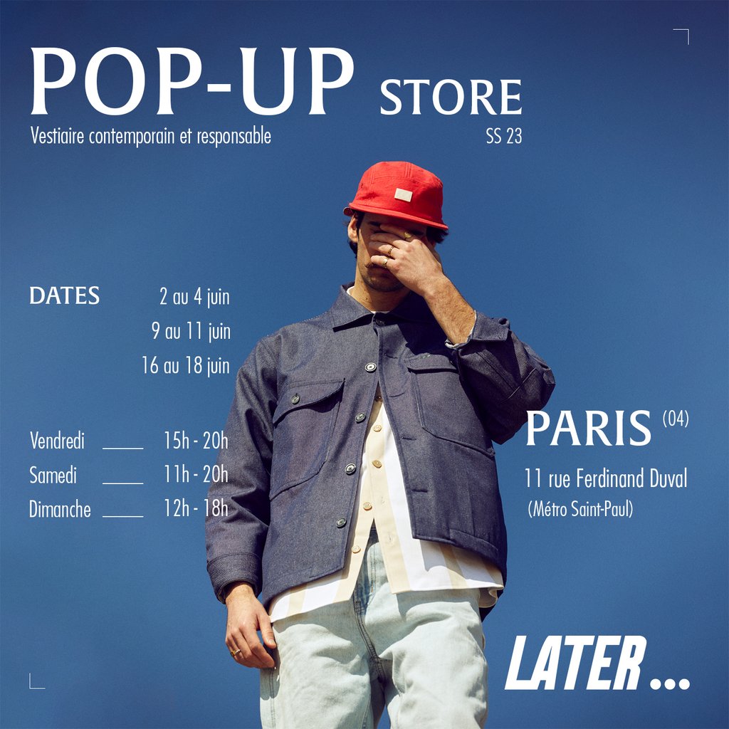 LATER... pose ses valises à Paris !

Nous sommes très heureux d'ouvrir un #popupstore pour 3 week-ends au mois de juin.
Venez découvrir notre collection printemps/été.
On vous réserve aussi quelques surprises 🔥

#popupstoreparis #slowfashion #modeparis