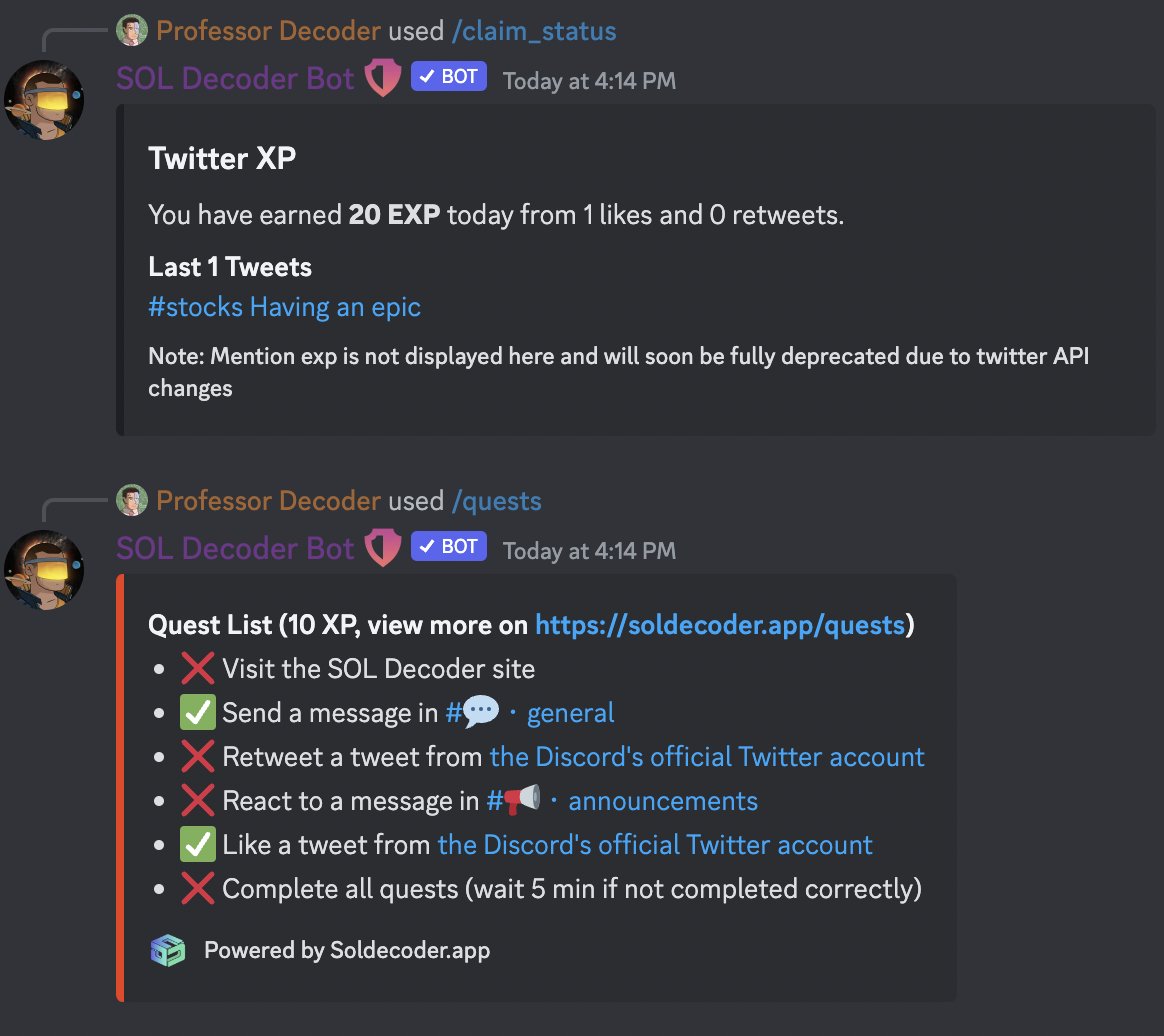 Reminder that if you're using our engage 2 earn, all you have to do is like / RT a tweet, and you'll automatically get the XP / quests for it!

Once a day we'll go out and give everyone credit - just type /claim_status to check!