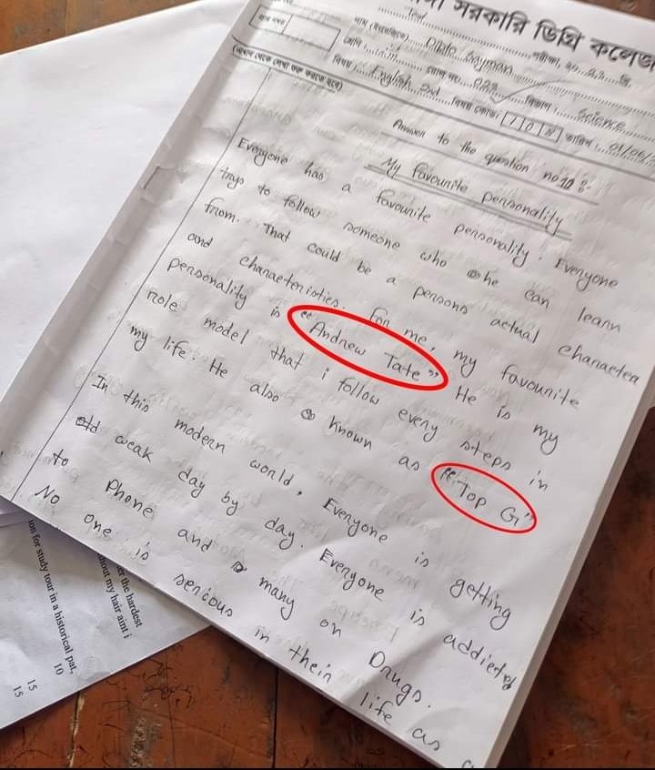 A student in Bangladesh wrote this in his English Exam.
#AndrewTate #TristanTate #TopG