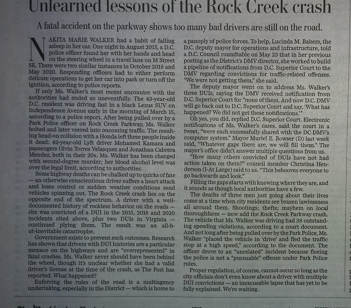 Hey @PostOpinions - it's not a 'fatal accident' when 'a driver with a well-documented history of reckless behavior on the roads' kills 3 people in an 'all-but-inevitable catastrophe.' 

#CrashNotAccident