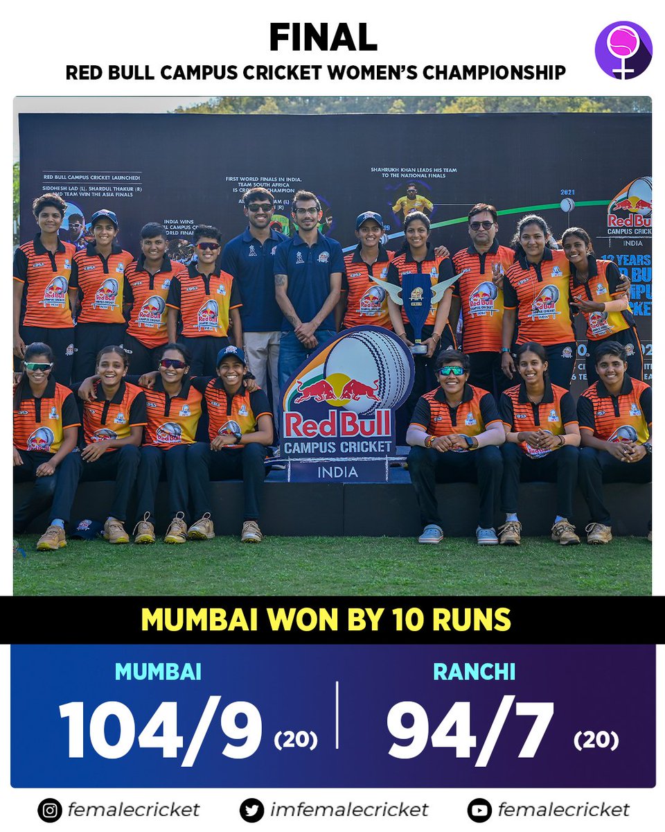 #ICYMI Mumbai's Rizvi College beat Ranchi's RTC College to claim the Final Victory in the Red Bull Campus Cricket 2023 🏆 Yuzvendra Chahal and Dhruv Jurel presented the trophy to the winners 👏 #CricketTwitter @redbullindia