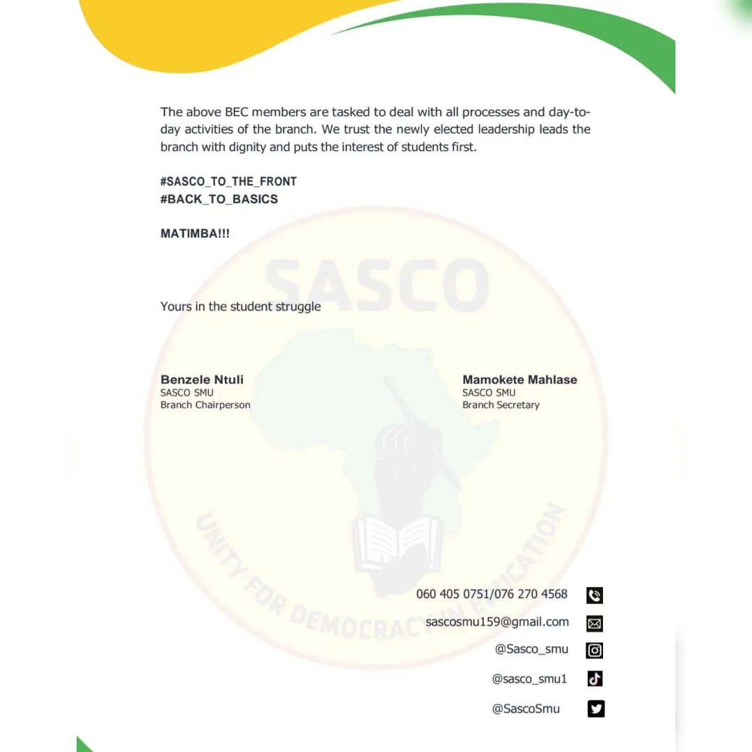 SascoSmu's tweet photo. Congratulations to the NEWLY ELECTED BEC FOR 2022/23🖤❤️💛💚🔥 MATIMBA!!!🔥 #sascoyabafundi https://t.co/JOKNGEEwl4