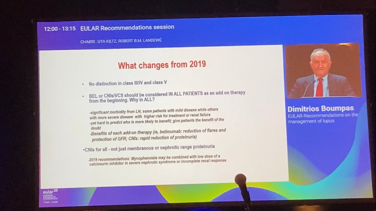 LupusEurope's tweet photo. Active lupus nephritis:
♦️IV-CY or MMF &amp; GC as inicial therapy. Combination therapy with BEL/CNIs should be considered
♦️BEL may be used at the beginning- good evidence
♦️Belimumab &amp; VCS should be considered in all patients
♦️ No distinction in class III/IV &amp; V
#EULAR2023 https://t.co/MzTZDNAPkv