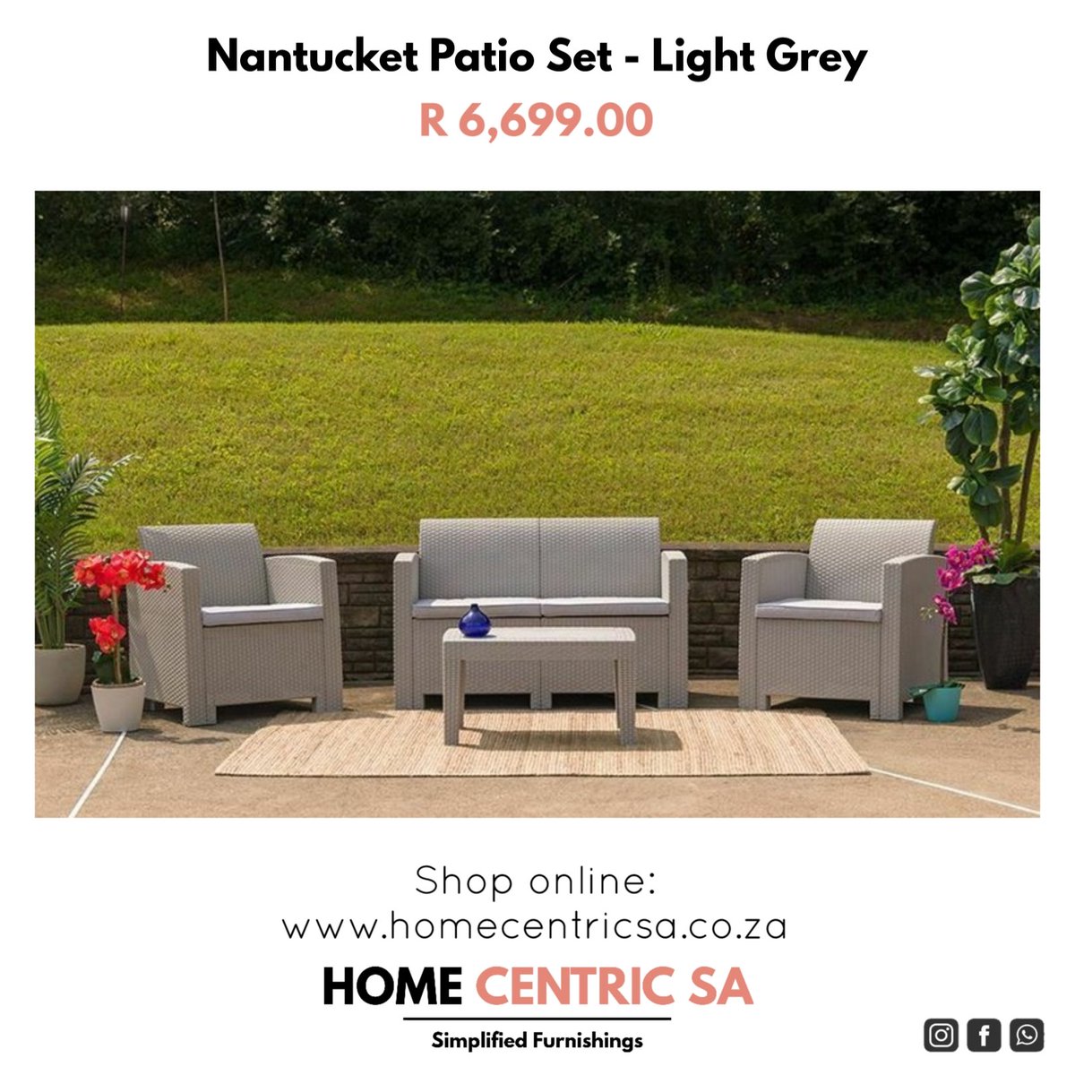 Shop online: 
homecentricsa.co.za

#home #furniture #decor #outdoor #outdoorfurniture #patioset #table #chairs #outdoordining #breakfast #lunch #dinner #chilledmoments #relaxation #comfort #modernfurniture #weatherproof