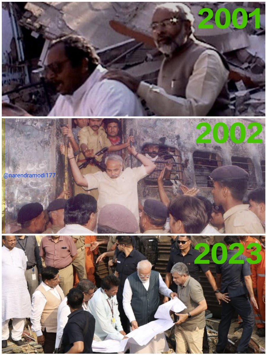narendramodi177's tweet photo. These Pictures Shows How Sensitive Modi Is

Pic 1 - Gujarat Earthquake

Pic 2 - Godhra Train

Pic 3 - #OdishaTrainAccident https://t.co/71HzFRwJca
