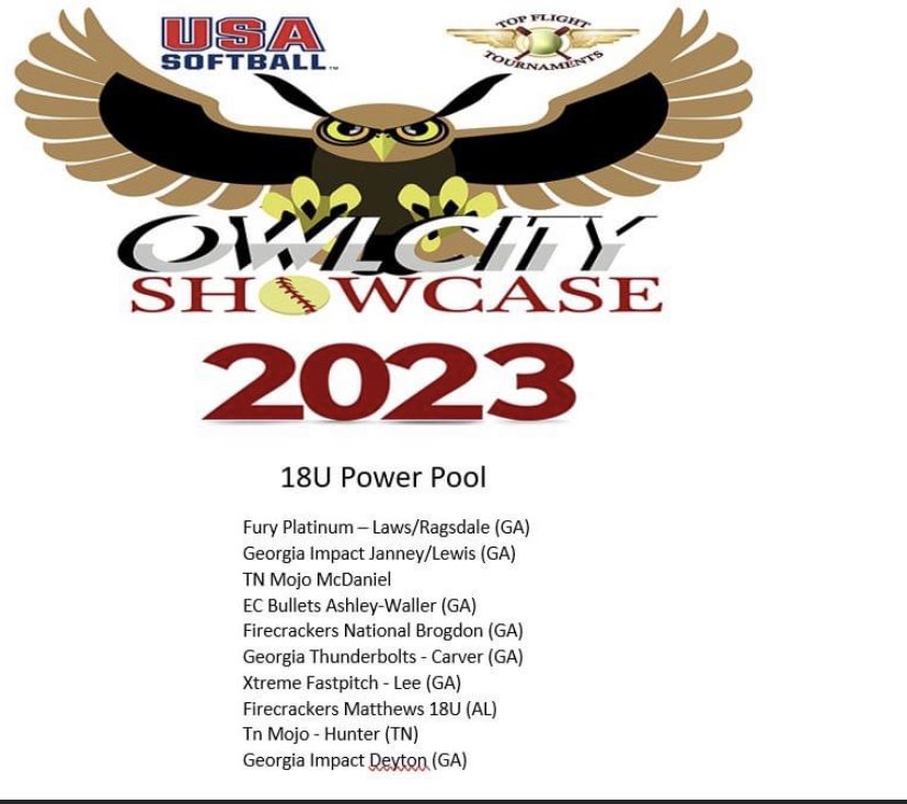 Looking forward to kicking off the summer next weekend. 

Friday -
2:15 vs Ga Impact - Janney/Lewis F6
4:00 vs Firecrackers Mathew’s  F6

Saturday -
12:30 vs Fury Platinum - Laws /Ragsdale F6
5:45 vs Bolts - Carver