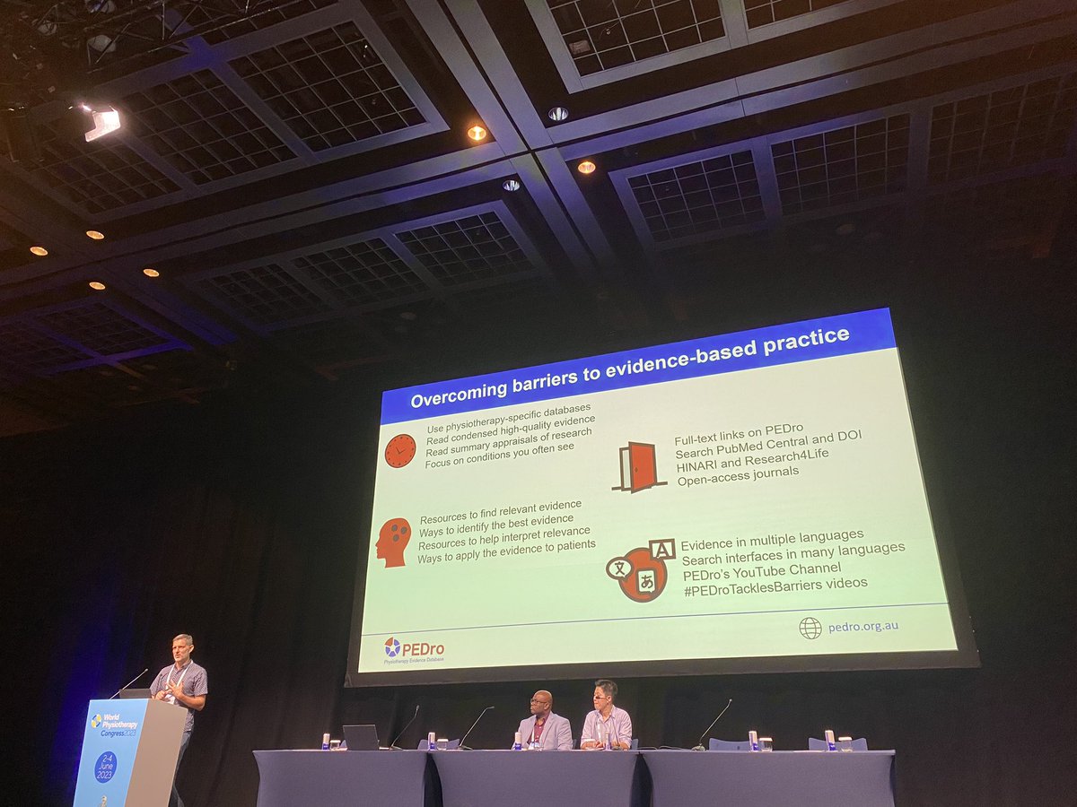Great overview of strategies to overcome barriers to evidence-based #physiotherapy by <a href="/JoP_Editor/">.</a> at #WorldPhysio2023 <a href="/PEDro_database/">PEDro</a>
