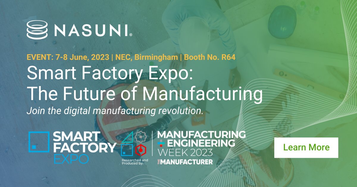Nasuni's tweet image. From June 7-8, visit us at the Smart Factory Expo and meet our leading industry experts to discover @Nasuni&apos;s leading cloud file data services. Register today and visit us at Booth No. R64: bit.ly/3IVVFdv #SmartFactoryExpo #Manufacturing #FileDataServices #ITSolution