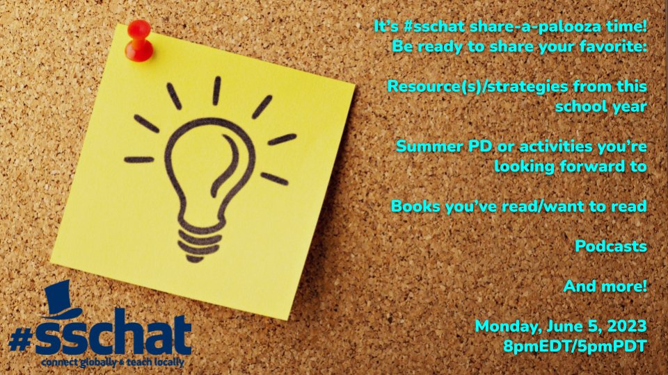It's #sschat share-a-palooza day! It's time to share your favorite lessons, resources, podcasts, books, PD opportunities, etc. from this school year. Join us today (6/5) at 8pmEDT/5pmPDT. #NCSS2023 #NCSS23 #whapchat #worldgeochat