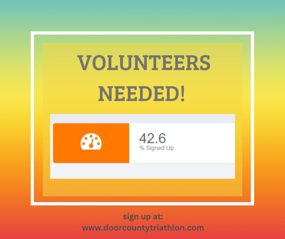 DOORCOUNTYTRI's tweet photo. We are 39 days out from the start of race week and we still need hundreds of volunteers to sign up to help us put on the world class event our athletes are accustom to -- thanks to our Awesome Volunteers.  If you can spare 3-4 hours July 14, 15 or 16 - we could use the help. https://t.co/NsndX07HLJ