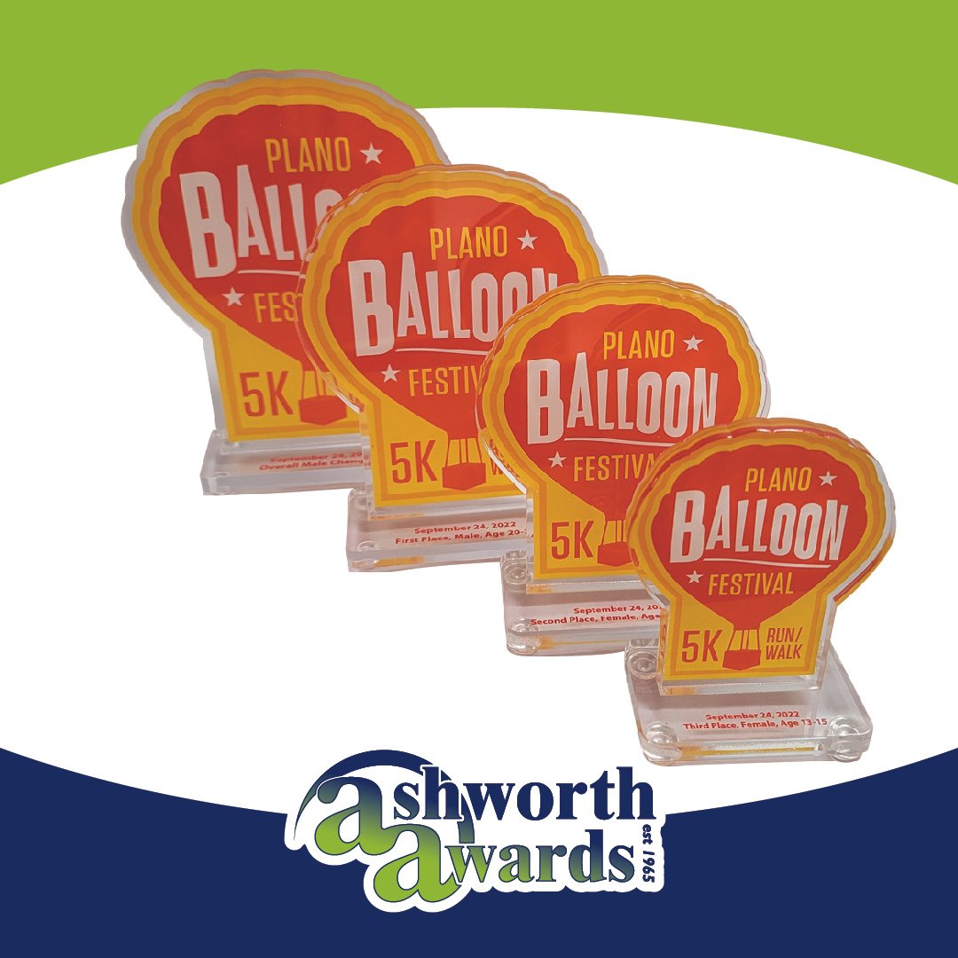 We love these beautiful acrylic awards we created for the top-placing participants in the @PlanoBalloon 5K Run/Walk! Our #AcrylicAwards are perfect for making your award design pop. bit.ly/3GErmqV #Awards #CustomAwards #Awards #AwardDesign #PlanoBalloonFestival5K