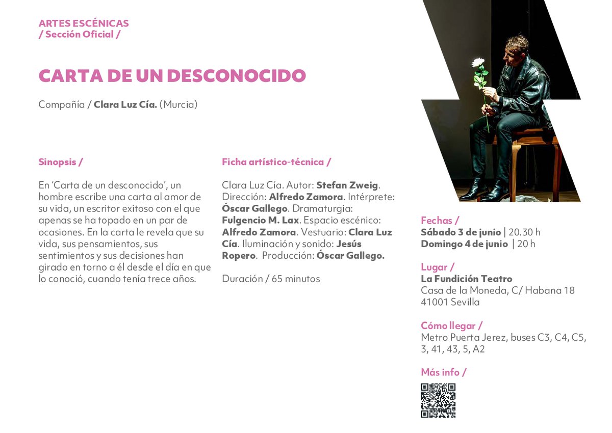 CulturaOrgullo's tweet photo. #elfoc7 Continúa la programación del El FOC Cultura con Orgullo
Obra: CARTA DE UN DESCONOCIDO
Compañía: Clara Luz Cía.
Lugar: La Fundición Teatro
Sábado, 03 de junio 2023 | 20:30 horas
Domingo, 04 de junio 2023 | 20:00 horas https://t.co/3vtuSoKnvN