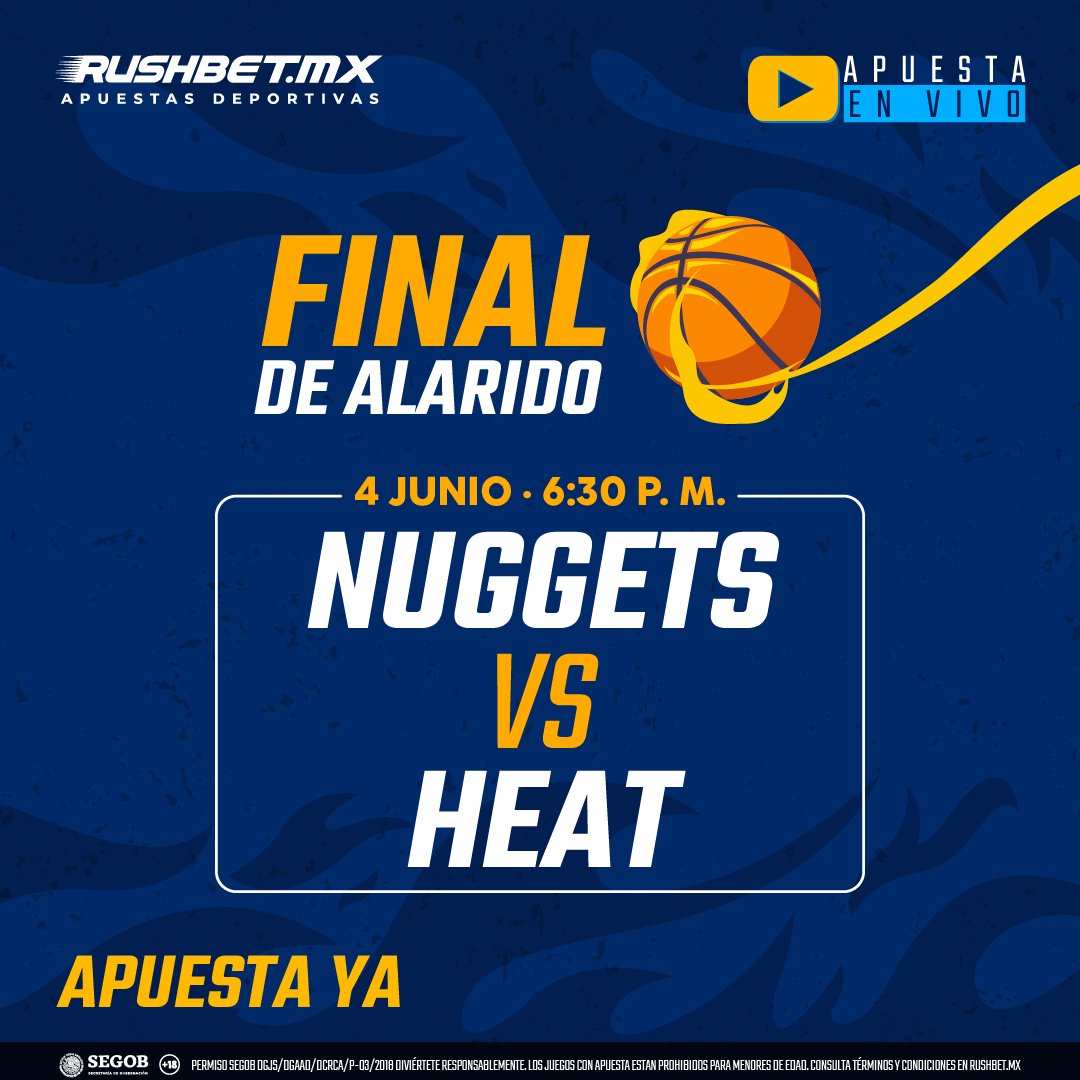 RushbetMX's tweet photo. Juego 2 de #NBAFinals 🏀. Los Nuggets arrasaron con el Heat en el primer partido. ¿Logrará Jimmy Butler superar a Nikola Jokić? 👀. Descúbrelo EN VIVO ▶️ y apuesta en #RushbetMX 📲

#ApuestaEnLinea #ApuetasDeportivas https://t.co/EqlCmMufZ7