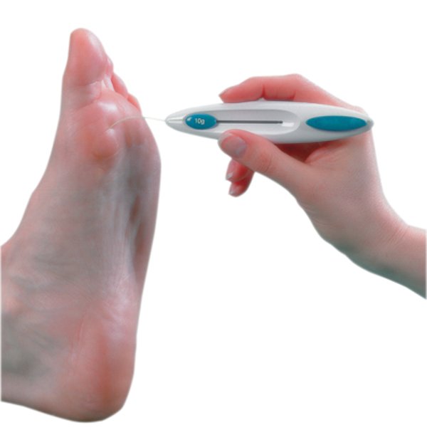 A monofilament test is done to test for nerve damage (peripheral neuropathy),  in  diabetes.

peripheral neuropathy is  associated with a high prevalence of cardiovascular disease in type 2 diabetic patients.