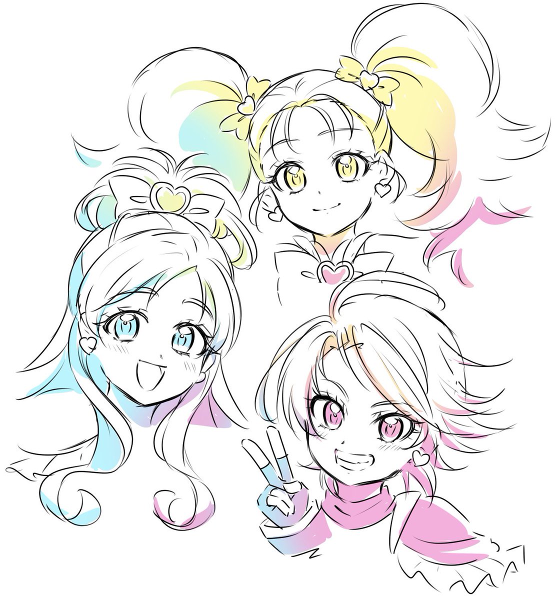 cure black ,cure white ,misumi nagisa multiple girls smile 3girls jewelry heart earrings earrings long hair  illustration images