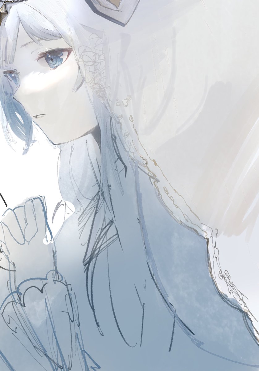 1girl solo veil blue eyes own hands together white background long hair  illustration images