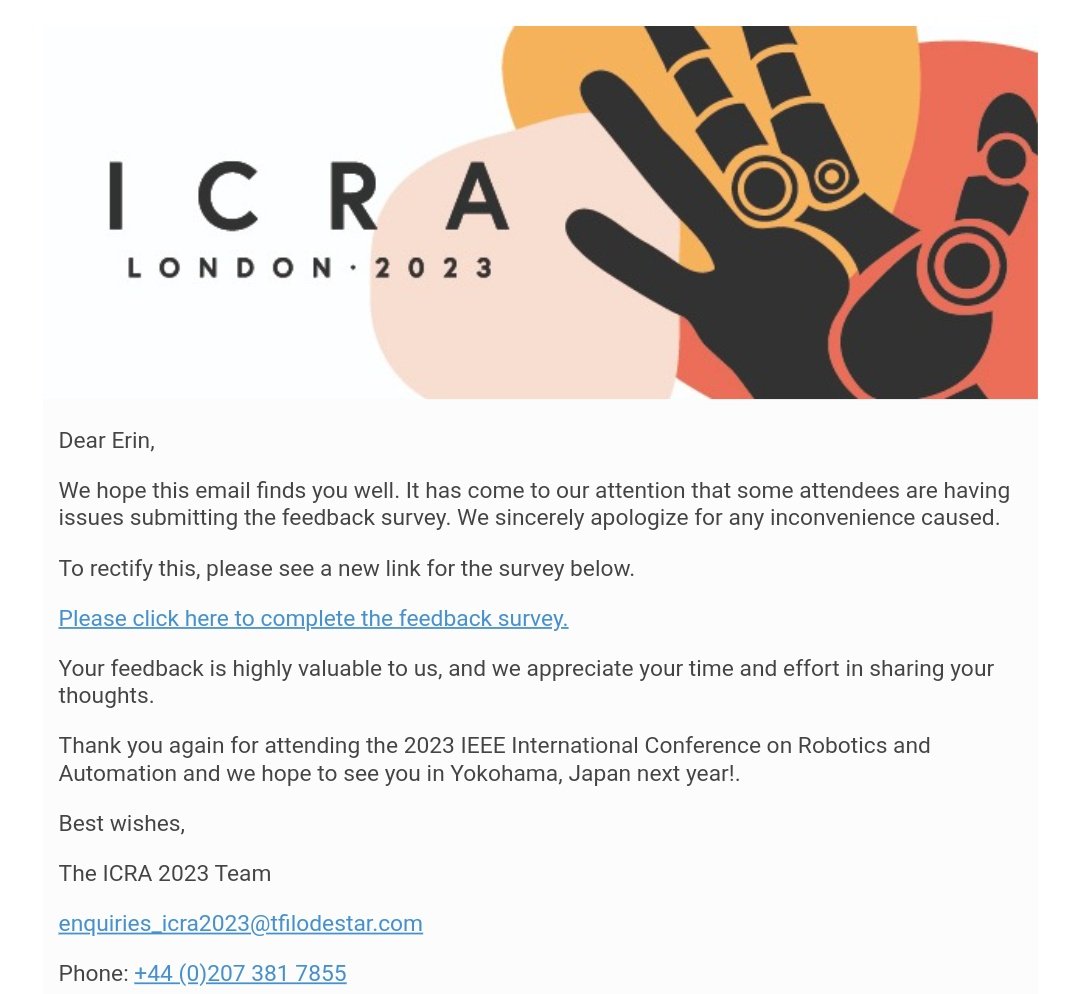 Systems not working and poor communication... Well I suppose this is an appropriate &amp; predictable end to ICRA 2023 isn't it? 🤦‍♀️

<a href="/ieee_ras_icra/">IEEE ICRA</a> #ICRA2023