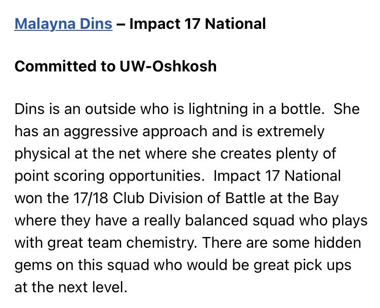 Malayna Dins (@dins_malayna) on Twitter photo Thanks <a href="/PrepDigChris/">Chris Fitzgerald</a> for the shout out! Bummed I won’t be able to make it as I am currently traveling, but best of luck to the rest of my teammates. Lots of amazing girls and players on this team! <a href="/ImpactVBC920/">Impact Volleyball</a> Thanks <a href="/PrepDigChris/">Chris Fitzgerald</a> for the shout out! Bummed I won’t be able to make it as I am currently traveling, but best of luck to the rest of my teammates. Lots of amazing girls and players on this team! <a href="/ImpactVBC920/">Impact Volleyball</a>