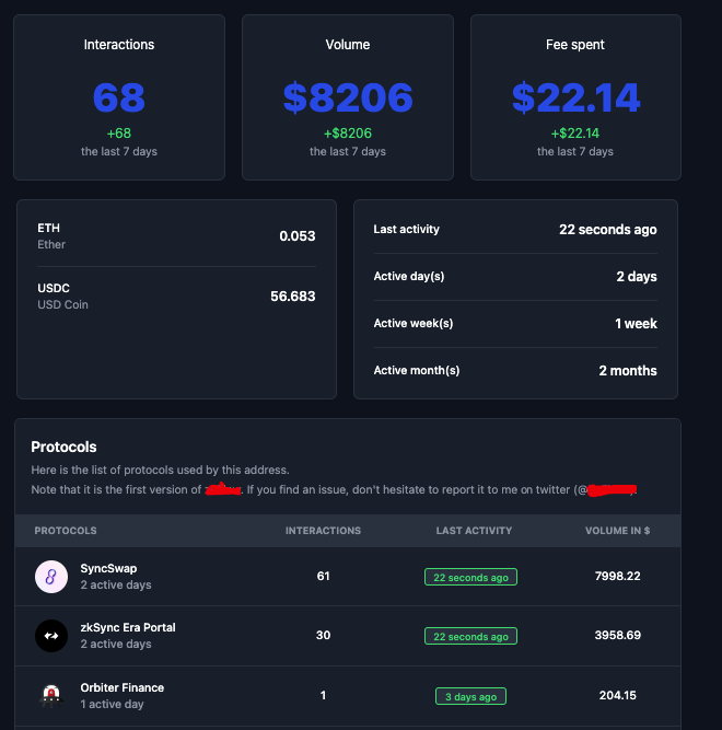 KashKysh's tweet photo. I think I've found the perfect tool for the ZkSync Airdrop farmer 🪂

Just enter your address to get: 

• Your number of transactions
• Total volume
• Your balance
• Age of your wallet

Perfect to know where you stand, should I share it? 🫡 https://t.co/uXznWC7ylF