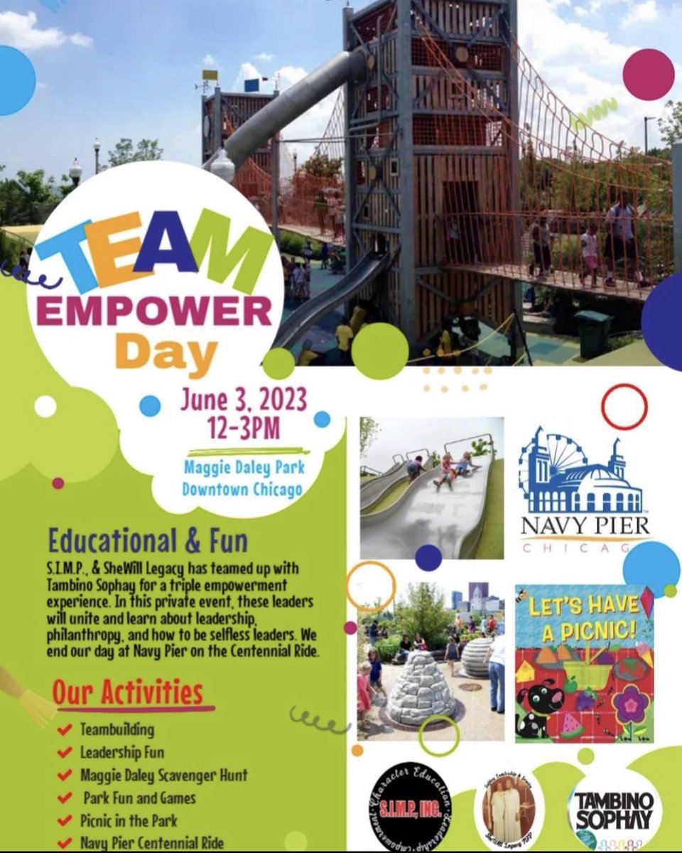Good Morning!!! TODAY bring the kids out to enjoy @tambino_sophay @simpincorporated @shewilllegacy 2nd Annual Team Empowerment Day at @MaggieDaleyPark ✨☀️
From 12-3pm enjoy park games, scavenger hunt, picnic, team building and Navy Pier Centennial ride 🎡 #enjoy !