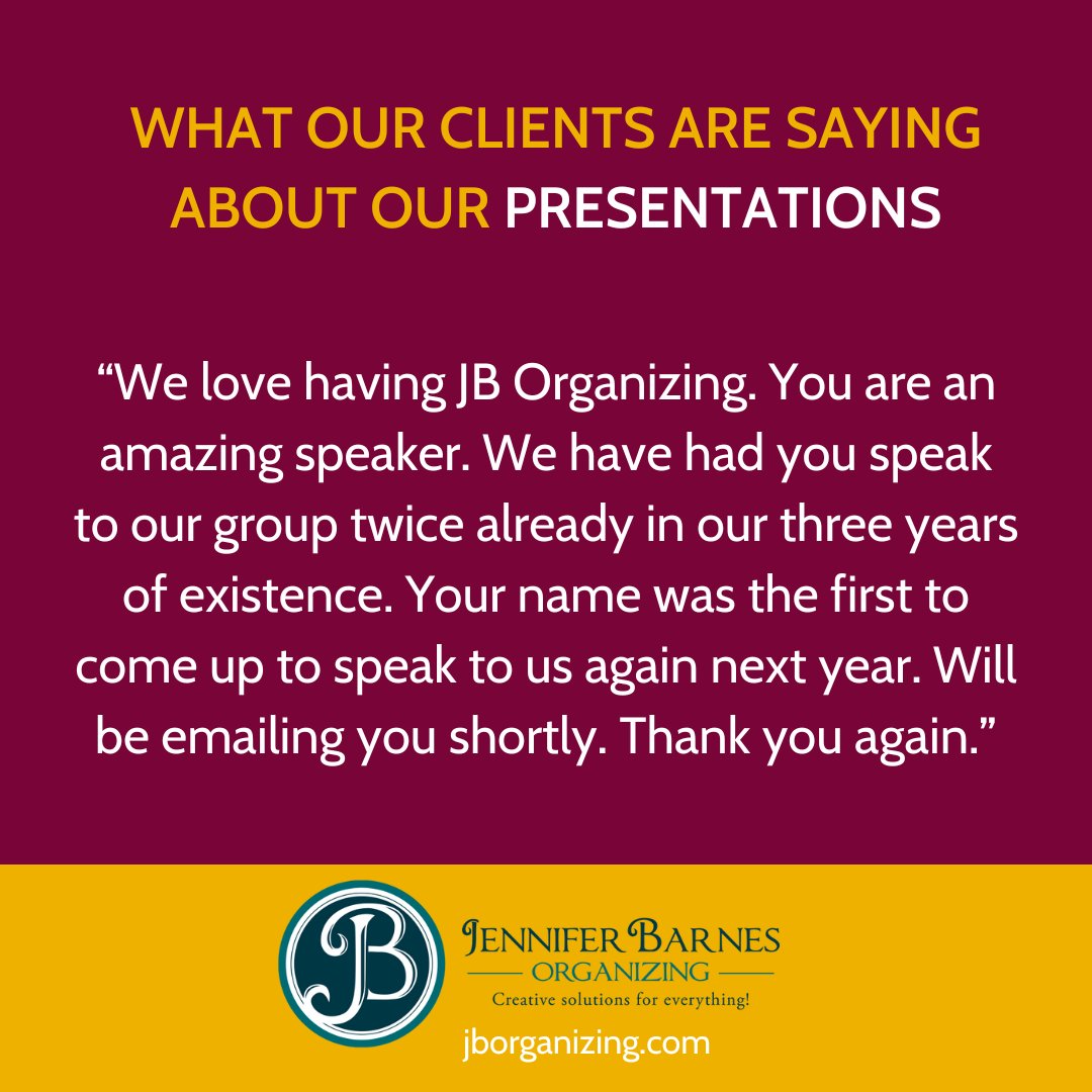 Speaking Testimonial - #jborganizing #professionalorganizer #realorganizingforrealpeopledoingreallife #onestepatatime #jbsorganizers #professionalspeaker #testimonials #thankyou #greatclients