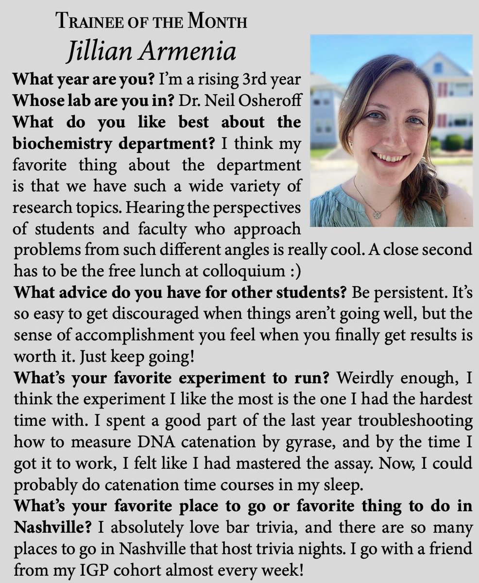 Osheroff Lab (@topo_lab) on Twitter photo Congratulations to our very own Jill Armenia who was selected as the <a href="/VandyBiochem/">Vanderbilt Biochemistry</a> Student of the Month! Oh...did we forget to mention that she also passed her qualifying exam a few weeks ago and is now a PhD CANDIDATE! Congratulations to our very own Jill Armenia who was selected as the <a href="/VandyBiochem/">Vanderbilt Biochemistry</a> Student of the Month! Oh...did we forget to mention that she also passed her qualifying exam a few weeks ago and is now a PhD CANDIDATE!