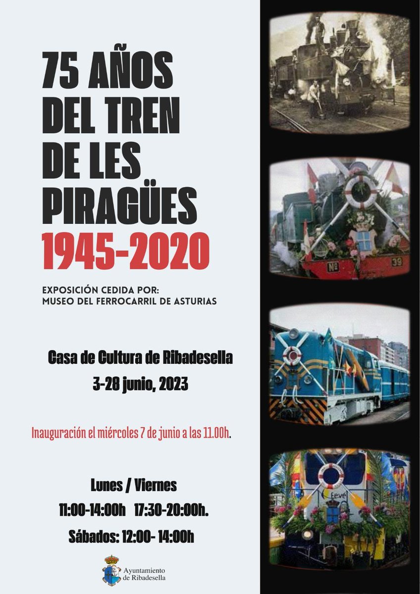Nueva exposición! 75 Años del Tren de Les Piragües 1945 - 2020🚂 El <a href="/MuseoFCAst/">Museo del Ferrocarril de Asturias</a> la cedió al <a href="/AytoRibadesella/">Ayuntamiento de Ribadesella</a> para que podamos disfrutarla en nuestra villa😀

📍 Casa de Cultura de #Ribadesella #Ribeseya
🗓️Del 3 al 28 de junio
 ‼️ 7 de junio: visita guiada a las 11 h.