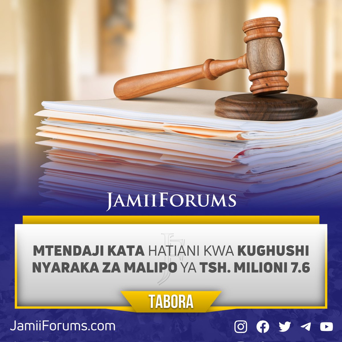 JamiiForums's tweet photo. TABORA: Mahakama ya Wilaya ya #Igunga, imemtia hatiani Leonence Manyila Doto, Mtendaji wa Kata ya #Lugubu  kwa kosa la kughushi muhtasari na kuhamisha Tsh. 7,600,000 kutoka kwenye akaunti ya Kata na kuingiza kwenye akaunti ya fundi badala ya kulipa Tsh. 600,000

Mshtakiwa amehukumiwa kwenda jela Miaka 2 au kulipa faini ya Tsh. 1,400,000

Soma https://t.co/cfifR5EzC2

#KemeaRushwa