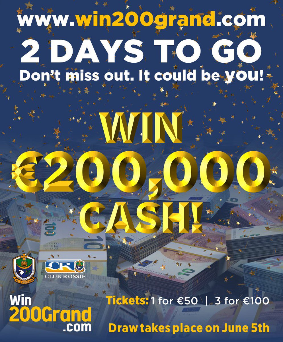 RoscommonGAA's tweet photo. 𝗢𝗡𝗟𝗬 𝟮 𝗗𝗔𝗬𝗦 𝗧𝗢 𝗚𝗢!

Have you got your ticket for our #Win200Grand draw yet?

Enter now 👉 https://t.co/5HQnfDv1D6 

#RosGAA #Win200Grand https://t.co/4iMjiUZTTL