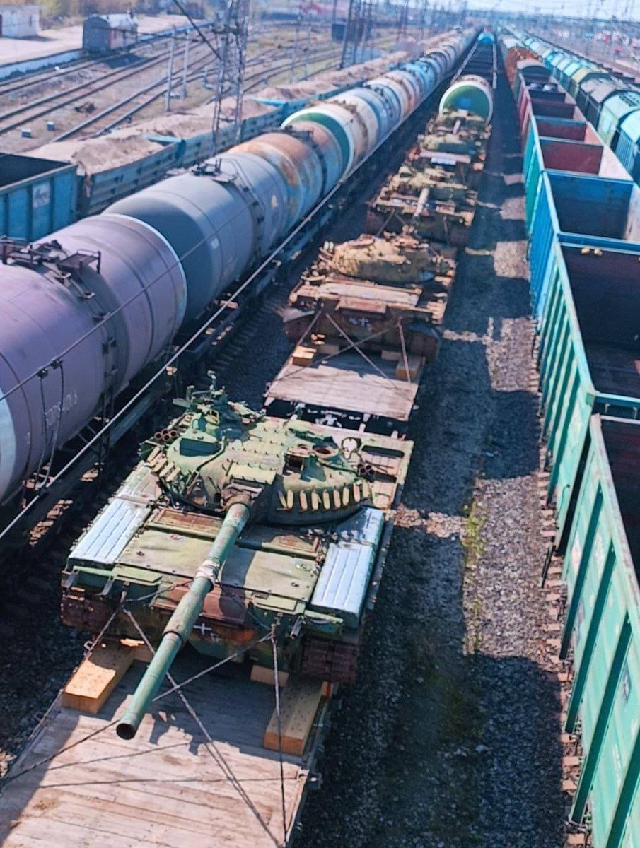 A train of rusty tanks spotted in Perm, Russia

It is these 'analogous' tanks that Russian propaganda tells us are capable of overcoming 'Leopard' and 'Challenger'
