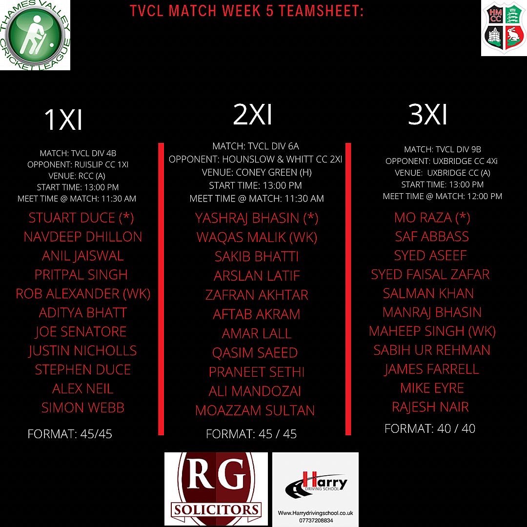 MATCHWEEK 5 TEAMS:

1s vs @Ruislip_Cricket 1s ( A)

2s vs @AndWhitton 2s (H)

3s vs @UxbridgeCC 4s (A)

#tvcl #league #week5 #gowell