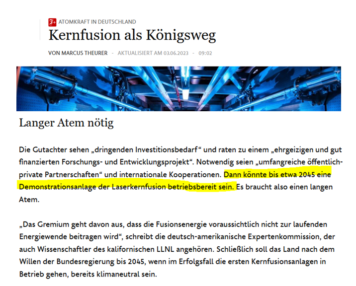 #Kernfusion als Königsweg? Ein Gutachten des @BMBF_Bund sagt, dass das erste Demokraftwerk 2045 fertig sein könnte, also wenn Deutschland #klimaneutral sein will. Die Kernfusion wird daher nicht bei der Erfüllung der #Klimaziele für 2030 oder 2045 helfen faz.net/aktuell/wirtsc…