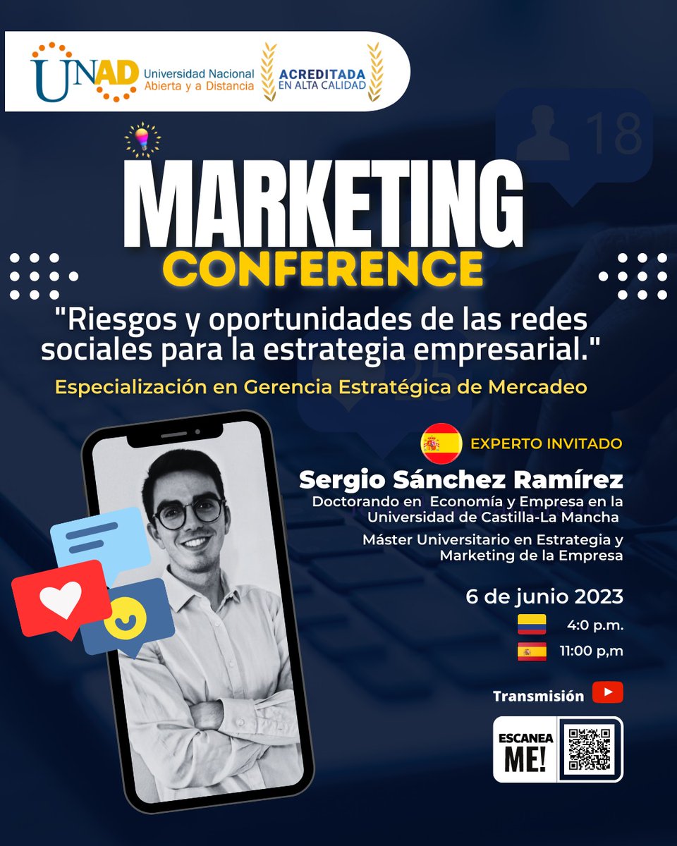 📽 ¡En 3 días os esperamos en <a href="/UniversidadUNAD/">Universidad UNAD</a>! Hablaremos de los riesgos y oportunidades de las #RRSS en el entorno empresarial💡