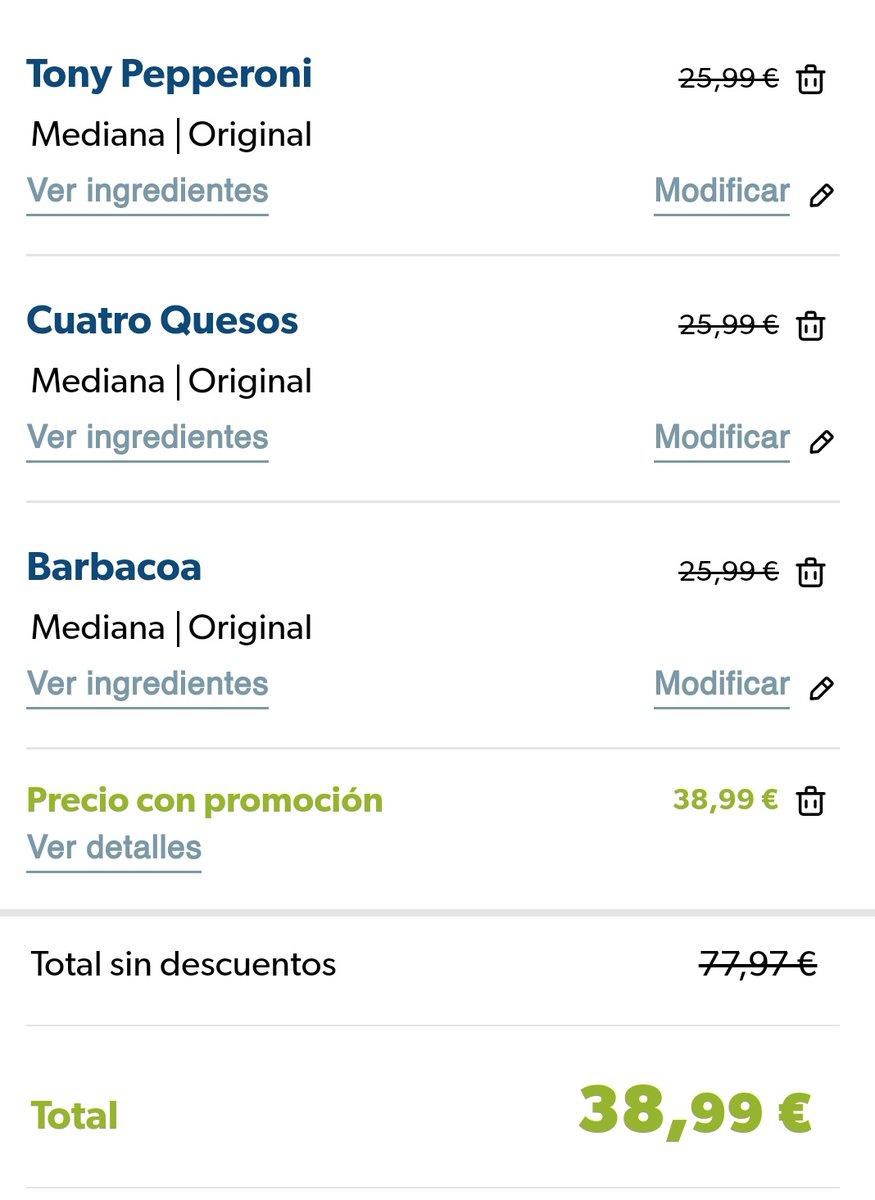 Maharons's tweet photo. Ofertón de pizzería a domicilio. 50% de descuento. Tres pizzas medianas... 77€ sin descuento. TRES PIZZAS 77€. ¿ESTAMOS LOCOS? Sí hasta con el 50% de descuento me parece un robo https://t.co/ECnPTJzP7s