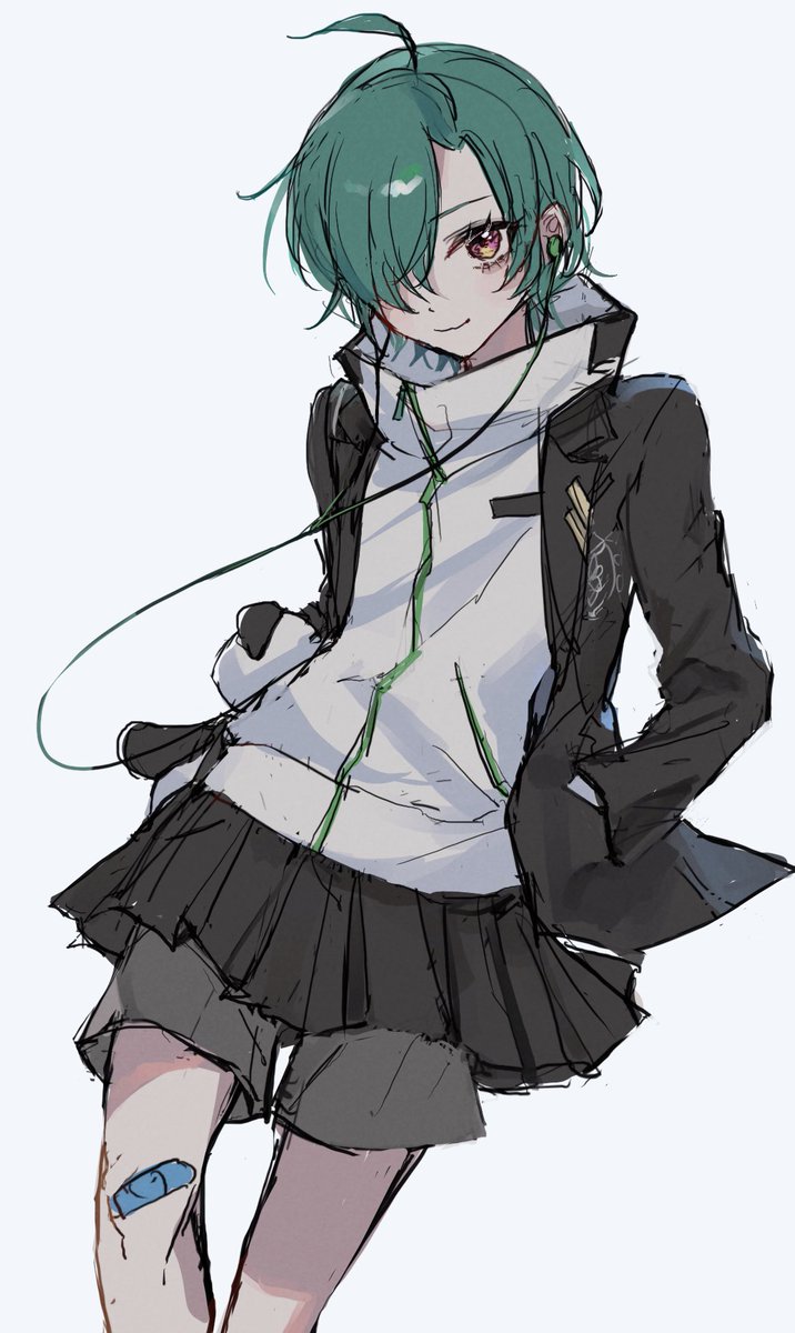 jacket solo green hair black jacket hair over one eye skirt short hair  illustration images