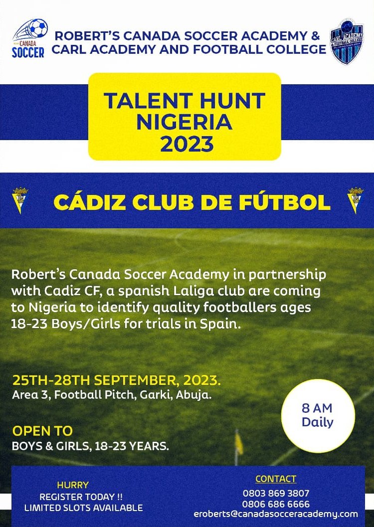 CarlAcademy's tweet photo. 🤝

Robert's Canada Soccer Academy and Carl Academy &amp; Football College will host Talent Hunt Nigeria 2023. 

🏷️ September 25 - 28, 2023. 
🏟️ Area 3, Football Pitch, Abuja. 

The tournament is opened to males &amp; females between the ages 18-23 years. https://t.co/qk98TyPfad
