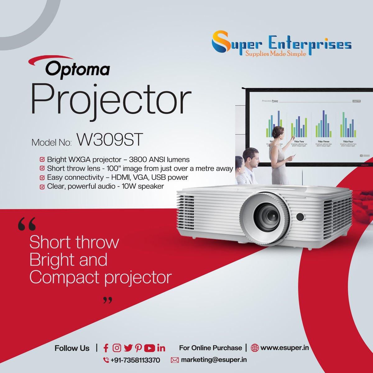 Superenterpris's tweet image. The best projector for your small meeting rooms and classrooms.
Short throw, bright and compact projector.
Why delay? Place your order now!

#Optoma  # Projector #Optomaprojector #Compactprojector #Superenterprises

For more Details Contact us:
7358113370
esuper.in/products/optom…