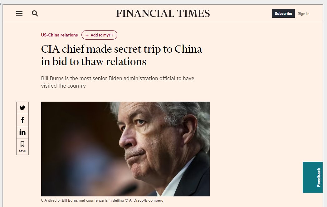 CIA chief made secret trip to China in bid to thaw relations.

US GreyHouse is really having split personalities. It's like the fire brigade setting fire to houses and then sending their trucks to try to fight fire.🤦🏻‍♂️

archive.is/dZMCf