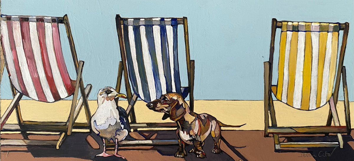 southwold_art's tweet image. The gulls always look for something they can find or pinch, so watch your chips. #gulls #gullart #dachshund #dachshundart #deckchairs #promenade #oilart #oil_painting #dogs #dogart