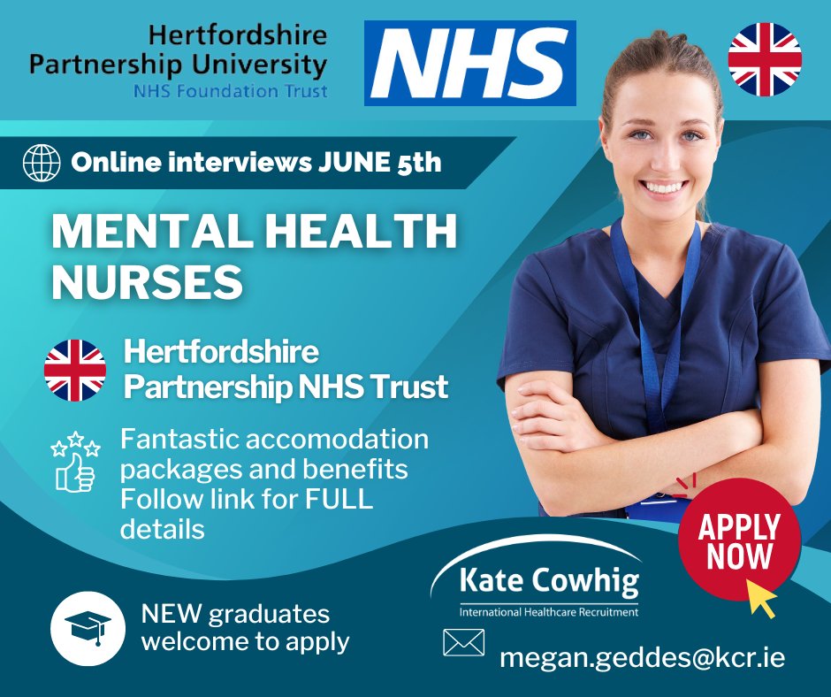 🩺 Seeking Passionate Mental Health Nurses!
ℹ️ kcr.ie/job/mental-hea…

✅ Must be eligible to register with the NMC
✅ Nursing diploma or degree
✅ Successful IELTS or OET

✉️  megan.geddes@kcr.ie

#NHSRecruitment #HertfordshirePartnership #KateCowhigRecruitment