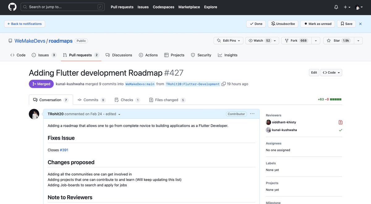 My PR adding a Roadmap for Flutter Development is now merged into @WeMakeDevs 👇

Wanna learn Flutter? Check out the roadmap and learn by building projects.

You can refer to my Flutter learning repo with projects and learn more too (Links in tweet reply)

Thank you @kunalstwt 🙌