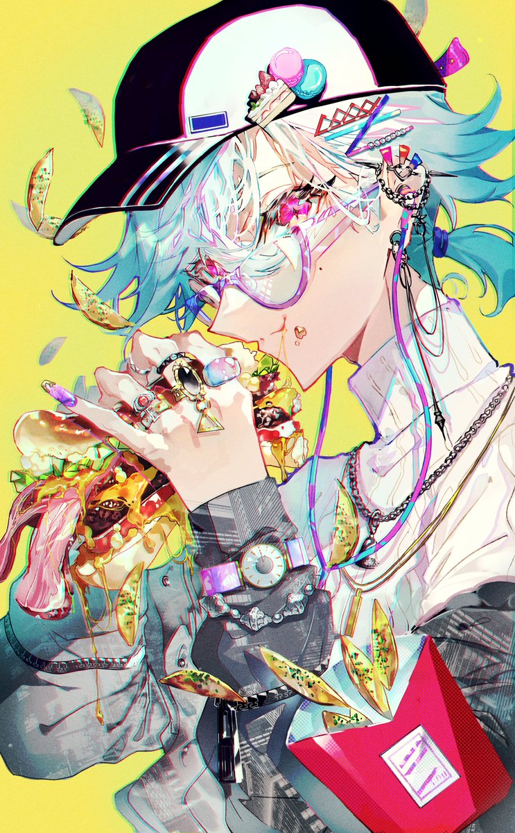hat yellow background solo food burger jewelry 1boy  illustration images