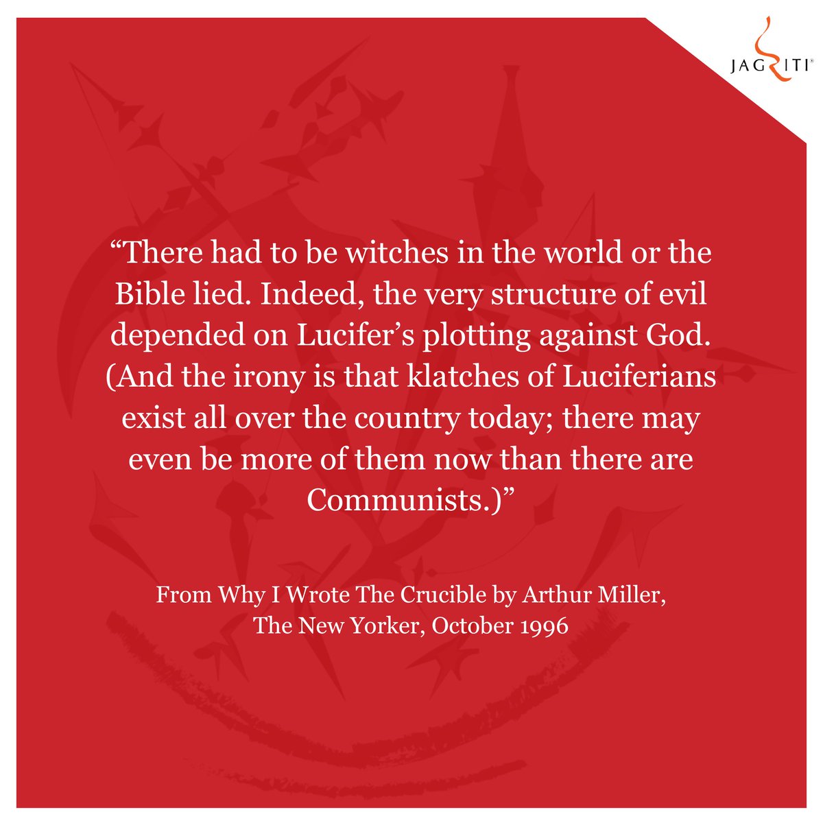 Jagriti presents a rehearsed reading of Arthur Miller's The Crucible, directed by Arundhati Raja. 

On for ONE show only at Jagriti Theatre!

More information and tickets on BookMyShow. 

Link to the show : in.bookmyshow.com/plays/the-cruc…

#rehearsedreading #theatre #show #englishtheatre