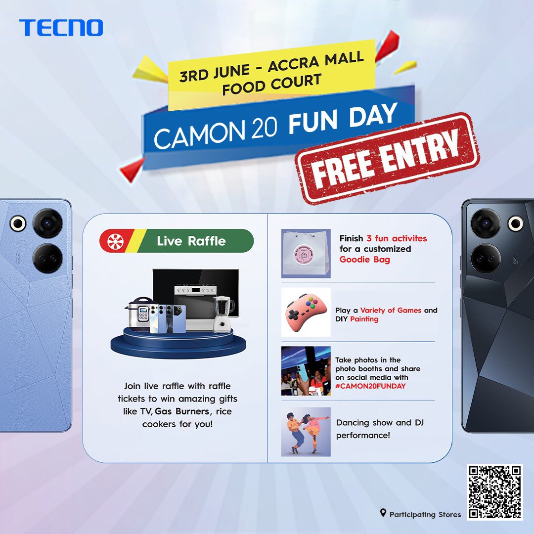 Join our Camon 20 Fun Day at Accra Mall today 

Time: 11 AM to 6PM

 #CAMON20FunDay