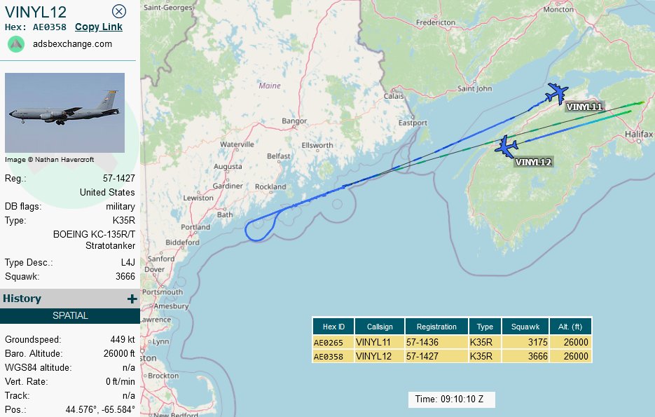 SirListenalot's tweet photo. 0910z #KC135's out of Halifax: #AE0265 as #VINYL11 picked up #TREND31, #AE0358 as #VINYL12 about to pick up #TREND41 out of Pease, bound for Jagel, Germany. Trends should be a total of seven #F16's, six "CO" and one "AL" for #AirDefender2023 https://t.co/chjeoL8fKF