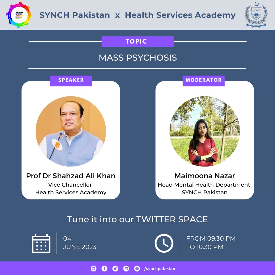 🔊 Join us in a mind-bending discussion on Mass Psychosis: a phenomenon resulting from socio-economic instability as well as years of insecurity and unhealthy lifestyle. Dive deep into the phenomenon that captivates societies- @drshahzadhsa @HealthSAcademy