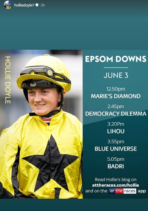 Good luck to Hollie Doyle @HollieDoyle1 on Derby Day at Epsom Downs @EpsomRacecourse‼️🏇🇬🇧 
#goodluck #Derby #DerbyFestival #EpsomDerby #HorseRacing